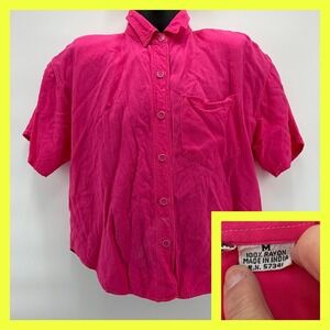 Vintage 90s Cotton Express Pink Rayon Button Back Shirt M Boxy Cropped Fuchsia